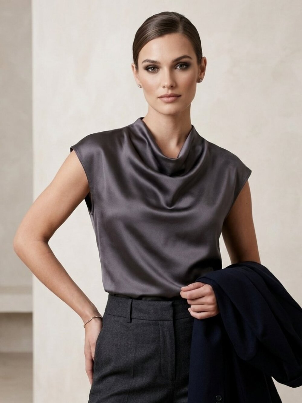 Calvin Klein Women's Cap-Sleeve Satin Cowlneck Blouse Muted Purple-Gray NWOT